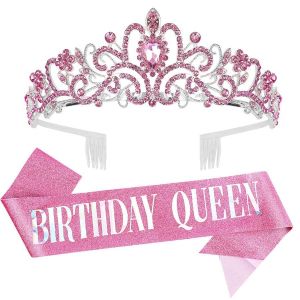 2pcs/set Bling Rhinestone Crystal Crown Tiara Birthday Girl Queen Sash Crown for Women Girl Birthday Party Decoration Kit