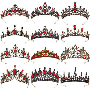 Halloween Vintage Princess Queen Dark Crown Headwear Crystal Tiara For Women Red Crown Hair Dress Accessories Jewelry