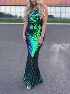 Romagic Shiny Sequined Một Vai Không Tay Dạ Hội Thanh Lịch Co Giãn Cocktail Dạ Hội Áo Cho Nữ Tầng-Chiều Dài Dự Tiệc