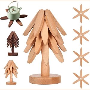 YUNAFIN 3/4PCS Chống bỏng nhiệt Tấm lót ly thiết kế hình cây Miếng Lót Ly chịu lực Tấm lót đĩa bằng gỗ Đế Lót Ly Thiết kế hình cây đứng  Đồ trang trí gia đình Thảm cách nhiệt