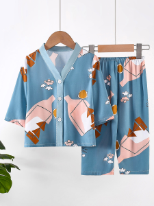 ชุดนอนเด็กผู้ชายแขนยาวบางๆ ผ้าไหมคอตตอนฤดูร้อน ชุดอยู่บ้าน ชุดคาร์ตูนน่ารัก ชุดนอนเด็กชาย ชุดนอนเด็กผู้ชาย