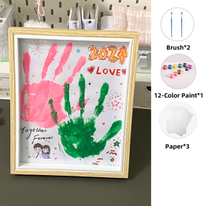 MILLZA 12-Color Paint DIY Couple Hand Painting Frame with Light Wooden Shadow Box Frame Handprint Anniversary Gifts