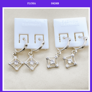 FLORA 0424B - Bông tai bạc ta hình vuông đính đá hồng trắng dành cho bé gái