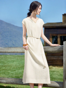 MOHANYIMEI | Linen V-Neck Waist Tied Bohemian City Dress