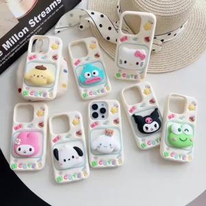 Sanrio | Cute Sanrio Rotatable Holder Phone Case For iPhone 12 13 14 15 16 17 Pro Max Plus 16e Kuromi Hello Kitty Silicone Phone Cover