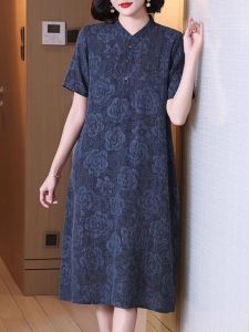 Elegant New Chinese Style Womens Dress Slimming A-Line Summer Skirt Midi Length Short Sleeve Print Design for Mommy