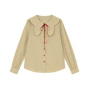 Womens Autumn Bow Collar Lace-up Striped Shirt