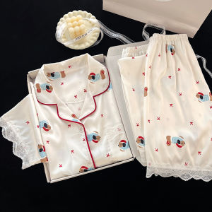 MiiOW | Cat Woman Ice Silk Sleepwear Short Sleeve Thin Home Clothes Three Piece Set Cartoon Outdoor Wearable Summer Cool Breathable Polyester