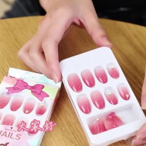 24PCS/Box 2022New Artificial Nails With Glue Milky White Pink Gradients Long Ballet Full Cover Acrylic Nail Stick Fake Nail Tips