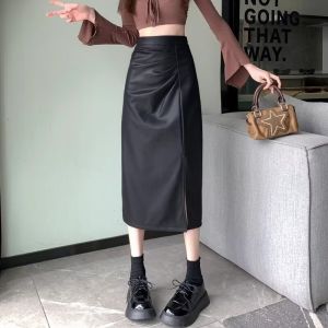High Waist PU Leather Asymmetrical Midi Skirt for Women Loose Fit Autumn Winter plus Size Vintage Split Design Slimming Effect