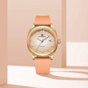 NAVIFORCE นาฬิกาควอตซ์ปฏิทินของแท้สำหรับผู้หญิงหน้าปัดกลมเรืองแสง50เมตรกันน้ำสายซิลิโคนนาฬิกาลำลองสำหรับผู้หญิง NF6111