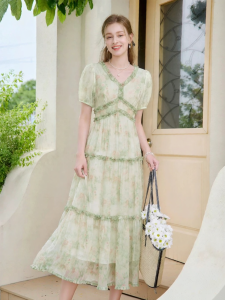 XIANGYING | Floral Print V-neck Wooden Ear Patchwork Waist-cinched Green Fairy Dress