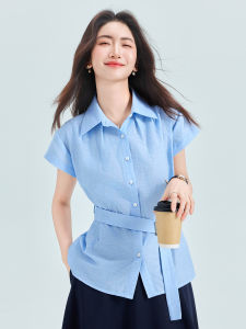 STARMAGNOLIA | Waist Accentuating Blue Commuter Shirt Short Sleeves