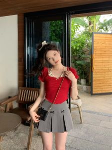 Halo Nini Utopian Girl Slimming High Waist Preppy Style Gray Bows A- line JK Culottes Pleated Skirt