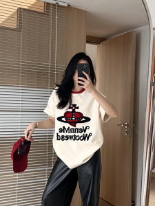 Áo Thun Tay Ngắn Thêu Khăn Thương Hiệu Nặng Cho Nữ Mùa Hè Mới Thời Trang Mỹ Rộng Rãi Đa Năng Áo Cổ Tròn Cotton