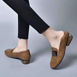 Casual Roman Style Womens Work Shoes Soft Bottom round Head Thick Heel Single Shoes Leather Spring Autumn Brown Fashionable