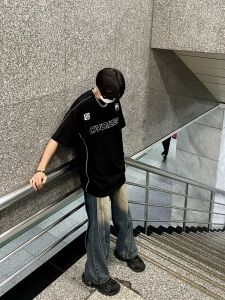 Yingzq American Street Dark Reflective Stripe Letter Printed Half Sleeve T-shirt Hip-Hop Fashionable Brand Ball Uniform Short Sleeve Men and Women