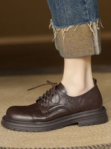 Euchetti Womens Leather Deep Mouth Slip-On Shoes round Toe Thick Heel Buckle Fashionable Spring Vintage High Heels Single Shoes