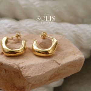18K Gold Square Hoop Stud Earrings Chunky • Stainless Steel Titanium Hypoallergenic ER302