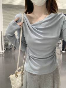 Pastel Pink Long Sleeve T-Shirt Womens Slim Fit Base Shirt Asymmetrical Korean Style Spring Autumn Winter Casual Top