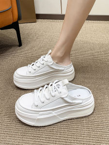 รองเท้าแตะส้นหนาแบบสวมครึ่งนิ้วสำหรับผู้หญิงในช่วงฤดูร้อนปี 2025 รองเท้าแตะแบบสวมครึ่งนิ้วสไตล์ใหม่แบบสวมสบายๆ ส้นสูงไม่มีส้นรองเท้าสีขาวแบบสวมสบายๆ