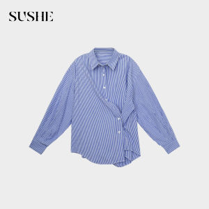 SUSHE | Elegant Casual French Blue Long Sleeve Striped Shirt