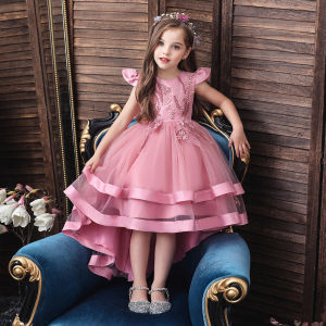 Gown For Baby Girls Dress Trailing Kids Girl Clothes Bow Flower Embroidery Flutter Sleeve Layered Girls Dress Midi Girls Birthday Gift Flower Girls Dress Wedding Dancing Performance Age 3 4 5 6 7 8