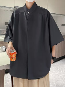 New Chinese Style Mens Shirt Short Sleeve Stand Collar Oversize Drapey Pure Color Ice Silk Shirt Five Sleeve Summer Fashion