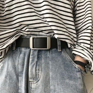 South Korea New Arrival Non-Perforated Belt Minimalist Rectangular Buckle Popular Buckle Pu Denim Pants Belt for Women
