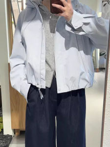 Unique Casual Light Blue Spring Outerwear Korean Style Loose Fitting Jacket Commute Friendly Zipper Closure Long Sleeve Hooded