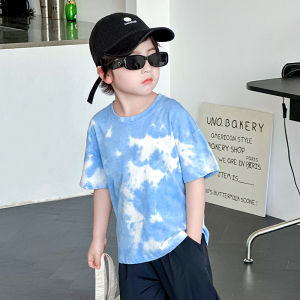 Ultra-Thin Breathable Childrens Tie-Dye Short Sleeve T-Shirt Pure Cotton Skin-Friendly Plant-Dyed Casual round Neck Top