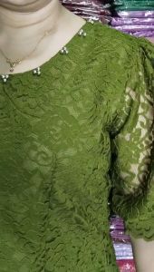 PIPO ATASAN BLUS BROKAT LENGAN BALON & ATASAN SEMI RENDA WANITA MODREN FULL MUTIARA