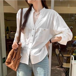 Casual Loose White Shirt Womens High Collar Design Commute Thin Style V-neck Loose Fit Regular Sleeve Length Pure Color