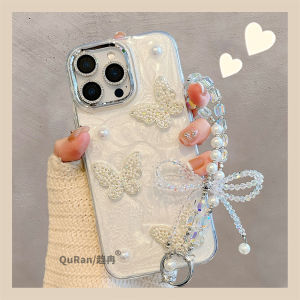 เคสโทรศัพท์มือถือแบบป้องกันพร้อมกรอบกระจกเคลือบด้วยโลหะชุบด้วยน้ำมันไข่มุก สายรัดผีเสื้อ สายโซ่สำหรับ Apple 16 iPhone 15 pro Max รุ่นใหม่ 14 ลายการ์ตูน 13 รุ่นที่เป็นที่นิยม