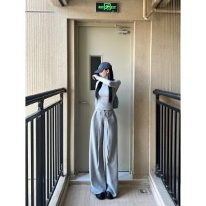 High Waist Wide Leg Grey Casual Sports Pants for Women Extra Long Drapey Loose Fit Korean Style Commute Pocket Detail