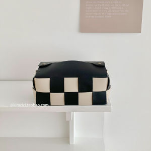 INS Scandinavian Black and White Checkerboard Tissue Box Living Room Woven Leather Tissue Cover Napkin Storage Box Paper Extraction Box