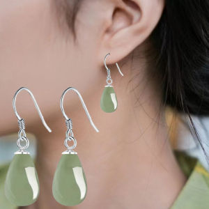 S925 Sterling Silver Teardrop Jade Zirconite Emerald Gemstone Ear Jewelry