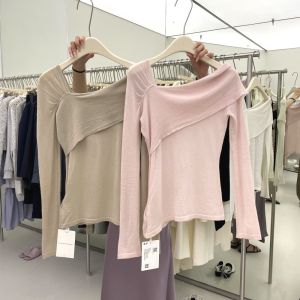 Áo Len Dệt Kim Cổ Chéo Không Đều Phong Cách Hàn Quốc Mùa Thu 2022 Áo Sơ Mi Cơ Bản Thiết Kế Nhỏ Gọn Cho Nữ