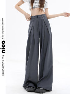 Quần Ống Rộng Màu Xám Cổ Điển Cho Nữ Quần Dài Ống Đứng Dáng Rộng Chất Liệu Polyester Phong Cách Hàn Quốc Mùa Xuân 2025