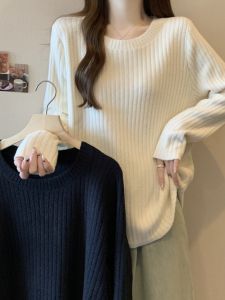 Áo Len Dệt Kim Cổ Tròn Cỡ Lớn Dáng Rộng Dài Tay Che Bụng Mùa Thu Đông Thoải Mái Thoáng Khí Áo Len Dệt Kim