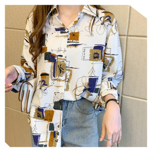 Floral Chiffon Women blouse long sleeve Korean retro printed loose shirt fashion temperament plus size top