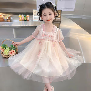 Princess Style Hanfu Dress Summer New Arrival Childrens Fashionable Girls Dress Sweet Style Mesh Material Short Sleeve mid Waist