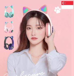 (SG Warranty)Bluetooth 5.0 Wireless cat Headphone LED Ear child headphone Stereo Sound Headset with microphone Support TF Card/AUX Noise Cancelling
