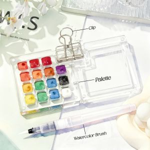 Mini Portable Watercolor Paint Color-matching Tray with Brush and Clip Paint Palette Travel Kit 8/15 Colors Grid Paint Box