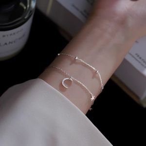 Silver Double Layer Star Moon Bracelet Womens New 2025 Ins Unique Design Self-Discipline Bracelet Birthday Gift