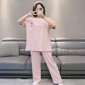 Loose Cotton Sleepwear Womens Style Summer plus Size Short Sleeve Long Pants round Neck Pullover Home Clothes Set Strawberry Pattern