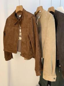 Womens Suede Jacket Coffee Color Stand Collar Retro Style Button Pocket Long Sleeve Short Coat Autumn New Arrival