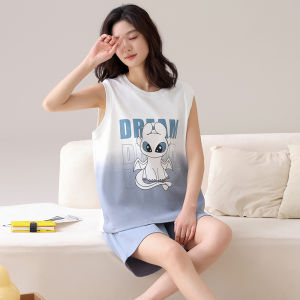 MiiOW | Pure Cotton Summer Sleepwear Womens Sleeveless Vest Shorts Set Loose Plus Size Home Clothes Comfortable Breathable Nightgown