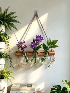 Boho Rope Hanging Wood‑ABS Planter Wall‑Mounted Water Plant Vase for Indoor Greenery Household Bedroom Balcony Wall Decoration