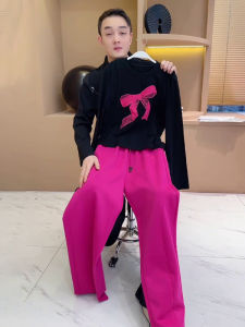 Casual Sportswear Set Womens Spring Autumn Loose High Waist Wide Leg Pants Two Piece Trendy Fashionable Cotton Long Sleeve round Neck